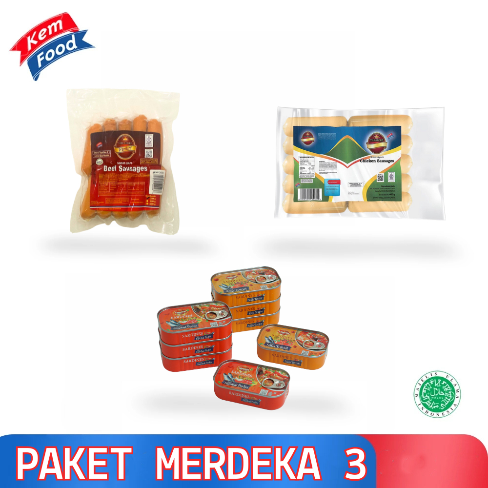 

PAKET MERDEKA 3 - Sosis Sapi Cocktail Villadorp 200gr Sosis Ayam Cocktail Villadorp 225gr Sarden Saos Cabai dan Tomat