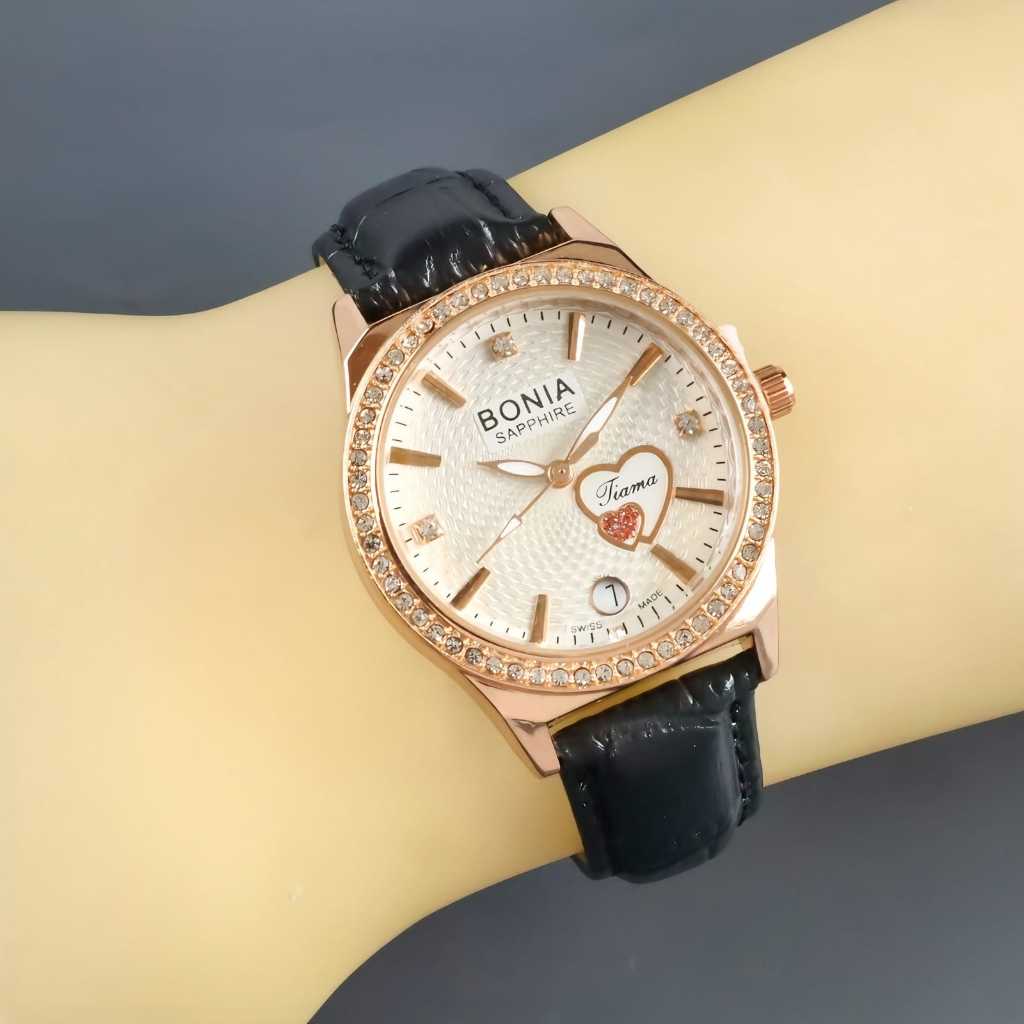 Jam Tangan Wanita Bonia Sapphire Mata Mata Tali Kulit Tanggal Aktif Box Exclusive