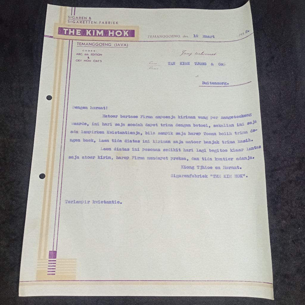 

Surat Tua Pemesanan Sigaretten 1938