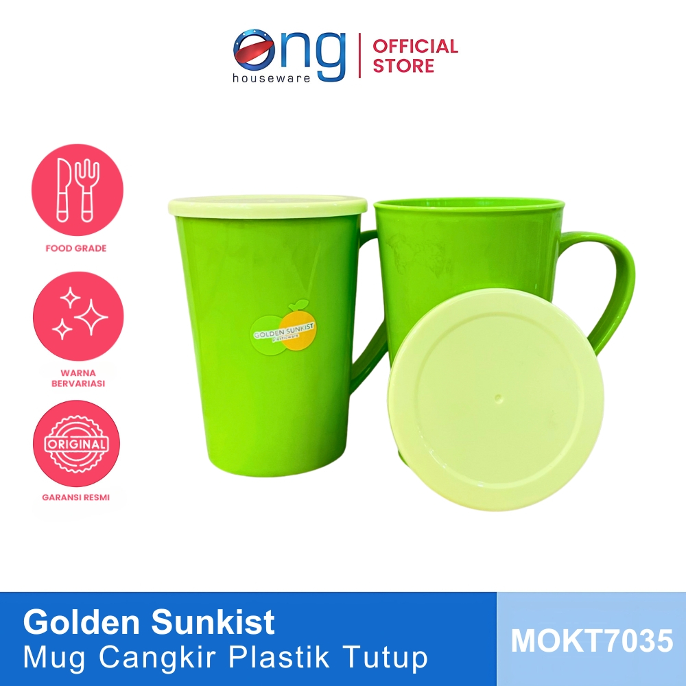 Ong Houseware - Mug Gelas Cangkir Plastik Tutup 500 Ml Golden Sunkist MOKT7035