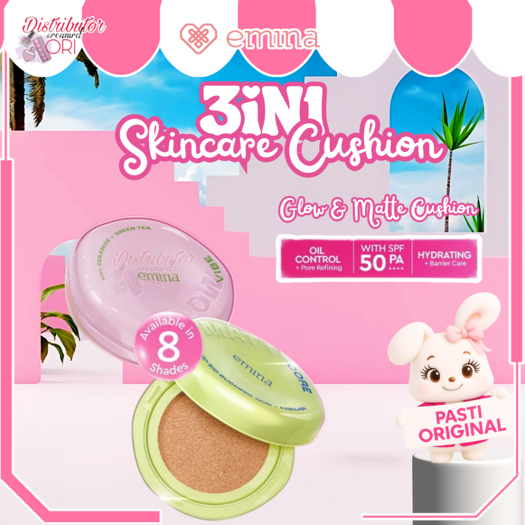 Emina Glow & Matte 3in1 Skincare Cushion SPF 50 PA++++ 13G  Flawless Lightweight Make Up Foundation 