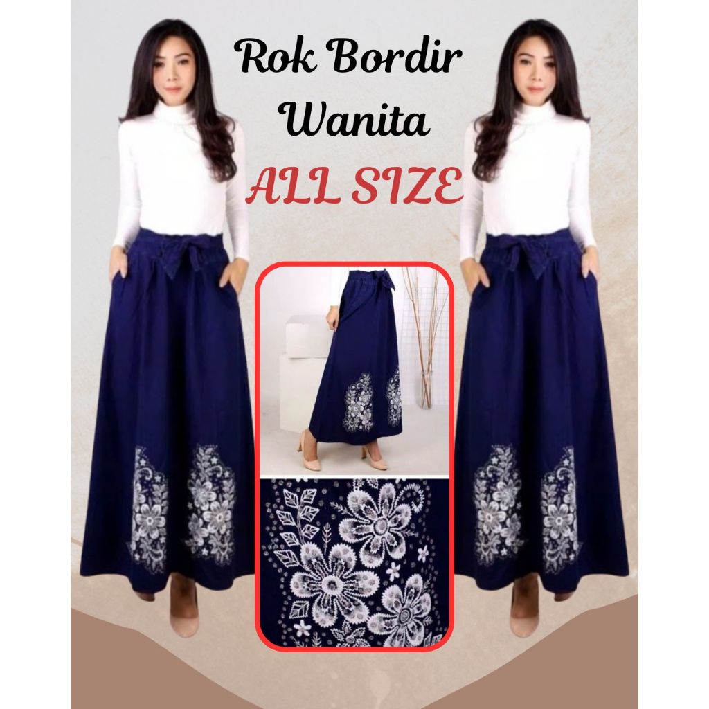 Rok Wanita Panjang Pinggang Karet Rok Bordir Non Stretch Rok Plisket Premium ALL SIZE Rok Wanita
