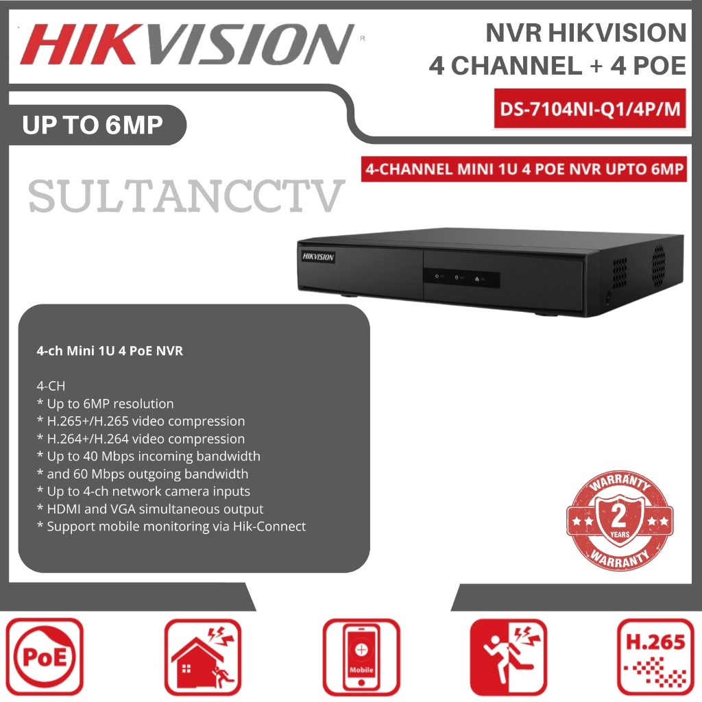Nvr Hikvision 4 Channel 6mp Poe