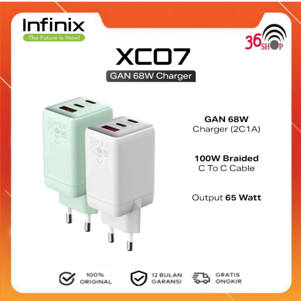 Infinix Charger Kit XC07 - Gan 68W Charger - 2C1A - Free XDC95 | 100W Braided C to C Cable Gransi Re