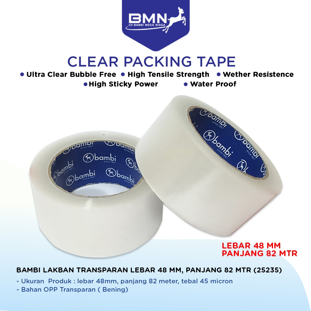 

Bambi Lakban Bening Jenis OPP Tape lebar 48mm, panjang 82 meter, tebal 45 micron (25235)