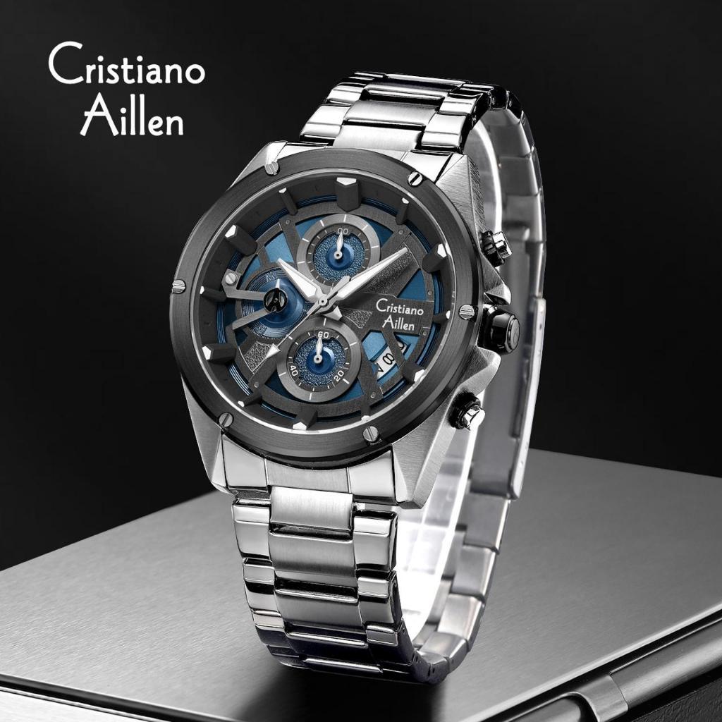 JAM TANGAN PRIA CRISTIANO AILLEN CA 8895 RANTAI STAINLESS STEEL CRONOGRAF WATER RESISTANT 3ATM