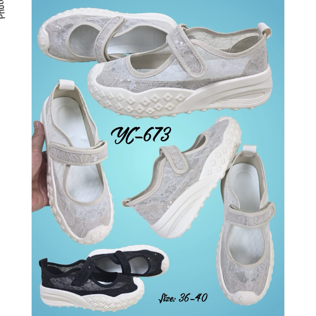 TERMURAH Sepatu YC-673 Mesh Embroidery Sneaker 3,5cm / Sneakers women import / Sepatu flat wanita / 