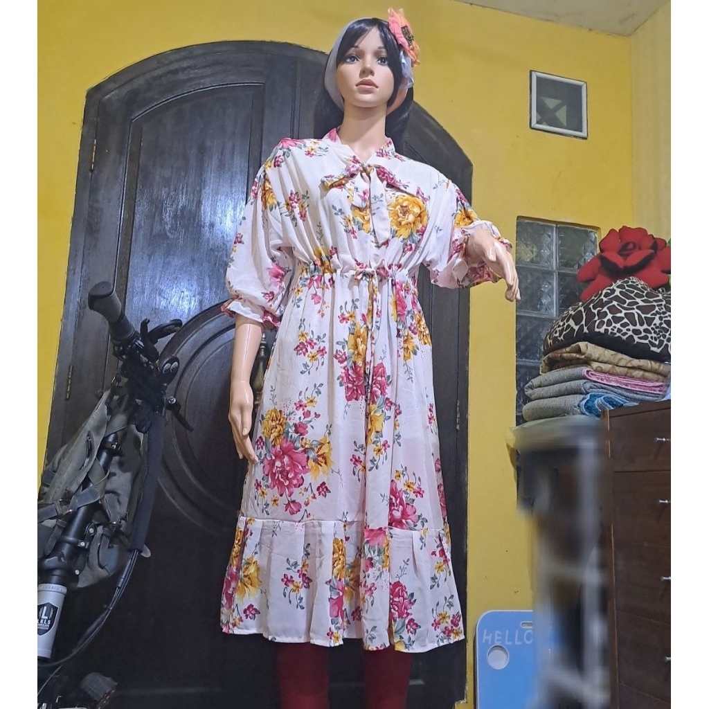 Long Outer Dress Umpak ber Pita motif bunga preloved Seken Bekas