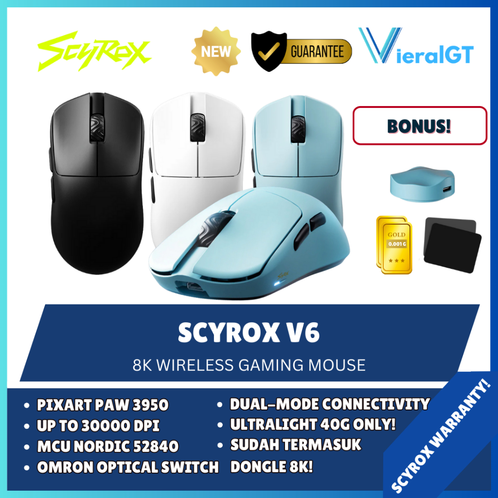 Scyrox V6 / V-6 Wireless 8K Mouse Gaming PAW3950 Ultra Lightweight 40G