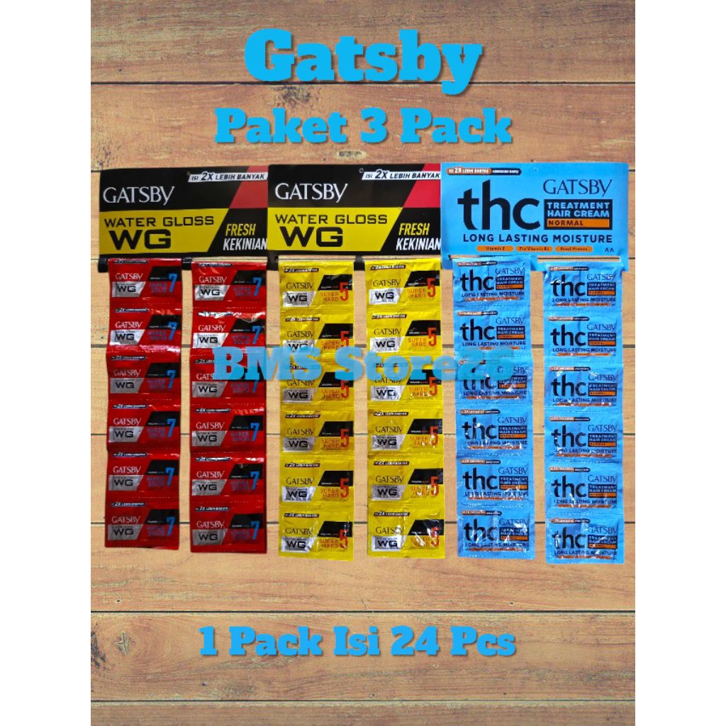 Paket 3 Pack - Gatsby Sachet - Gatsby Renceng - Gatsby Minyak Rambut - Merah Kuning Biru - 1 Pack Is