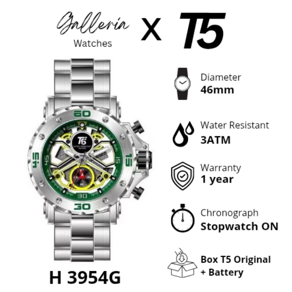 Galleria Watches Jam Tangan T5 H 3954G Pria Original Water Resistant Include Fullset Box Suitable Fo