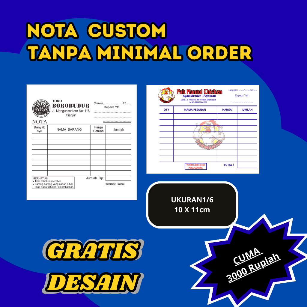 

Nota Custom 1/8 Kecil Hemat ukuran 10x8 cm 1 ply 2 ply | Nota Murah | Nota Hemat | Nota kecil | Nota mini