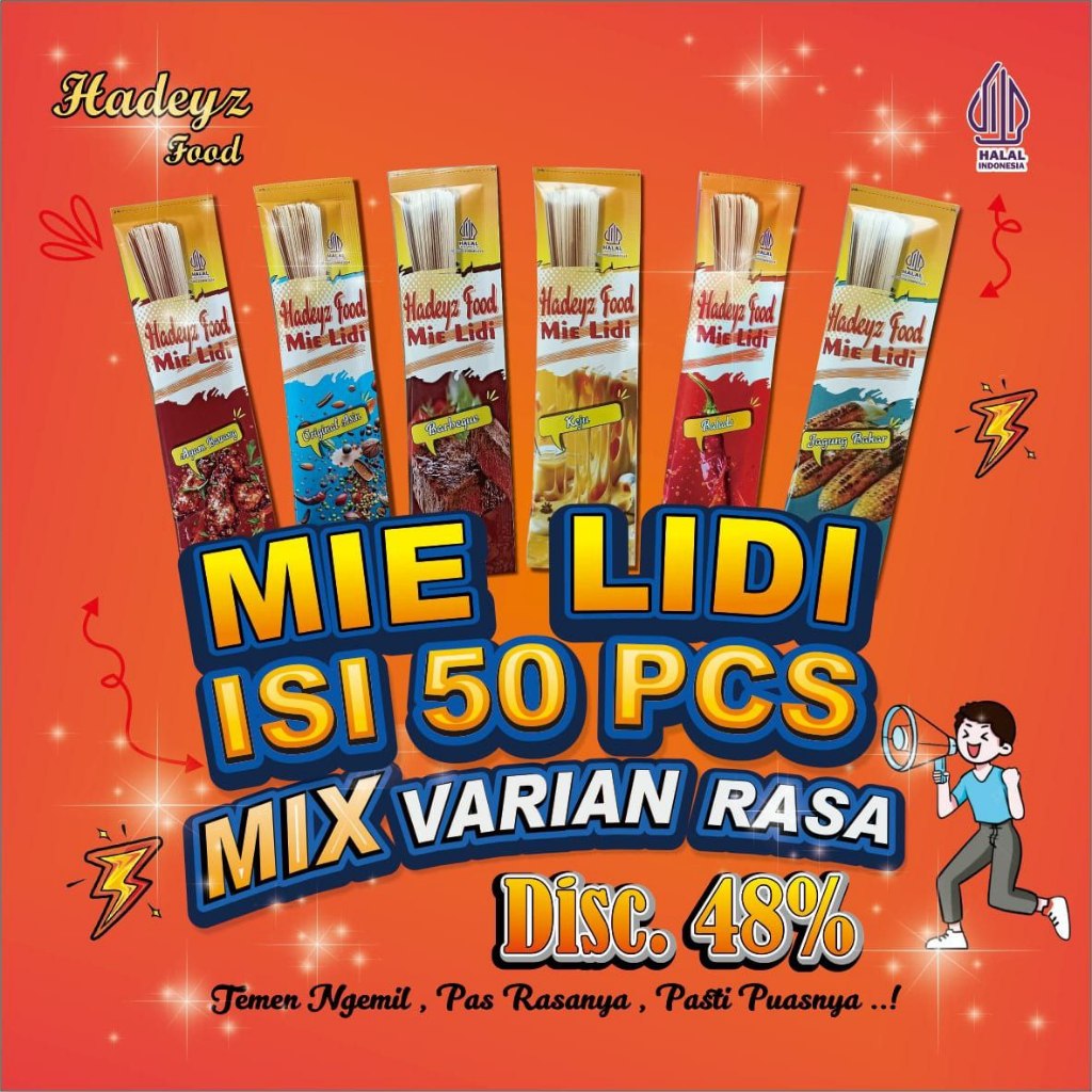 

Paket Usaha isi 50 bungkus (Pcs) Mie Lidi Karakter viral isi 50 Mix Rasa Varian Makanan Jadul Makanan Ringan Snack Cemilan Keripik