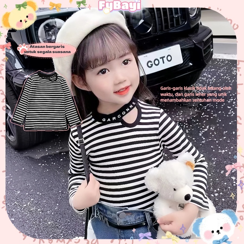 fybayi Baju Anak Lengan Panjang, Motif Garis Bergaris Hitam Putih Atasan Anak Perempuan, Bahan Berga