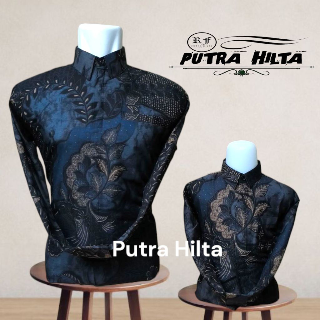 kemeja batik couple ayah anak bahan katun premium warna abu kebiruan lapis furing premium//batik pes