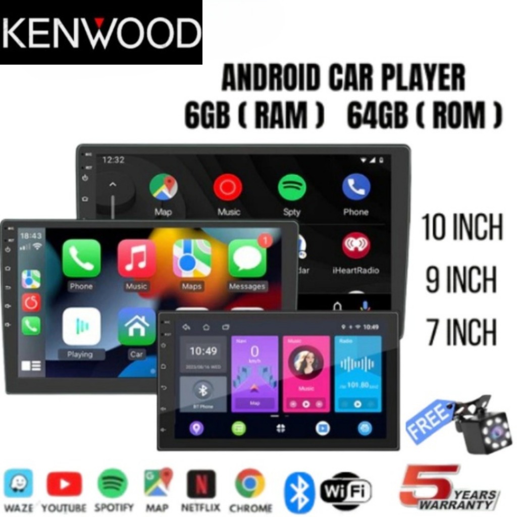 Kenwood 6G+64G Android 14 Head Unit 9/10 Inch IPS Layer Mobil Navigasi Wireless Carplay Bluetooth