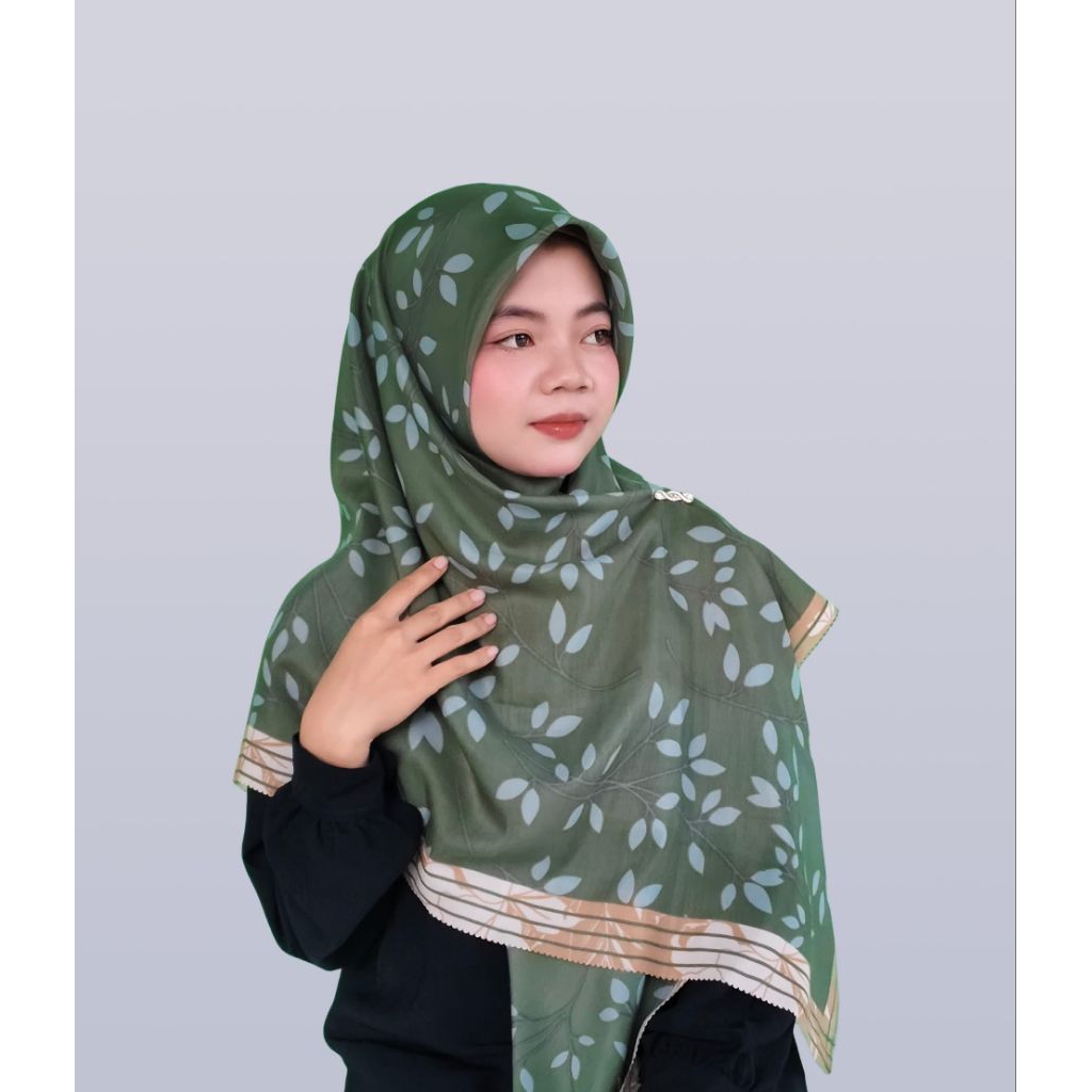 Hijab Segi Empat  Motif Daun Hijau Army – Alnaira Hijab