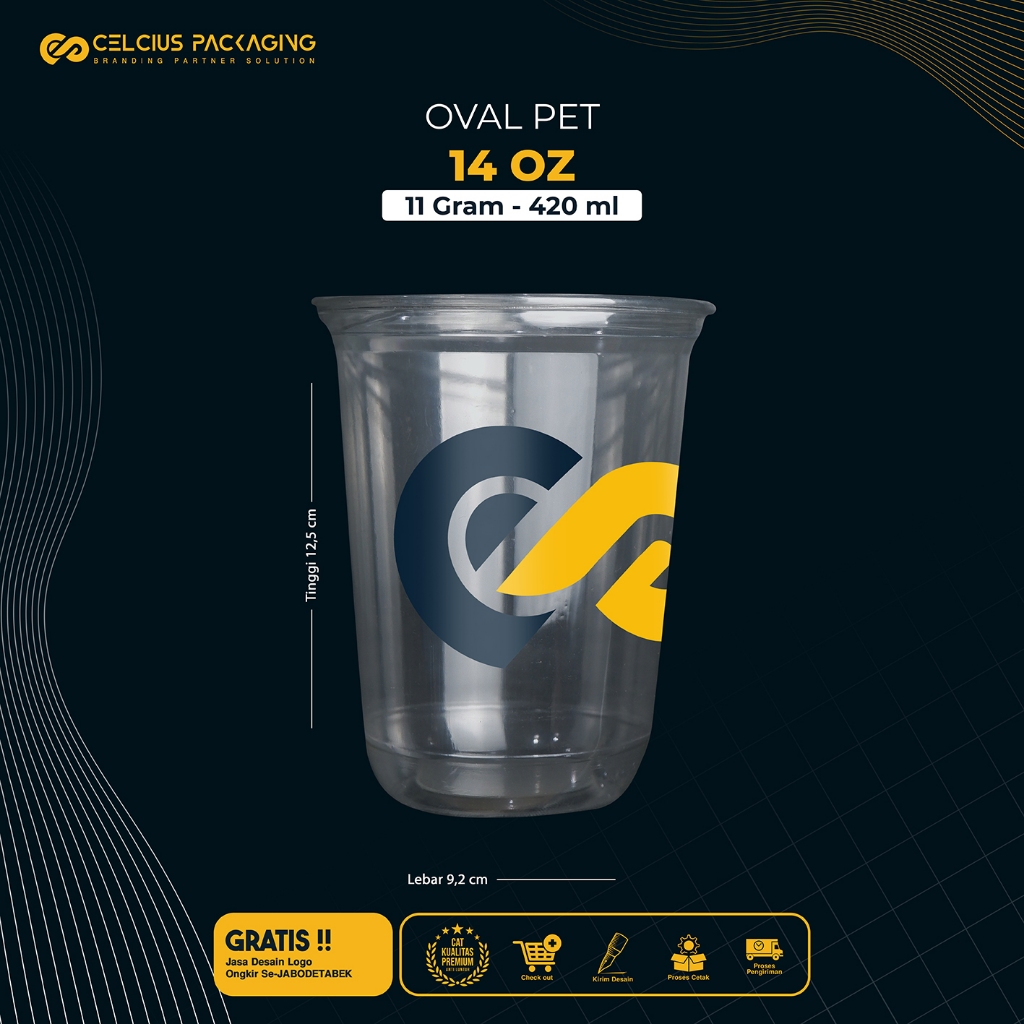 Sablon Cup Gelas Plastik Oval PET 14 oz 11 gr + Tutup