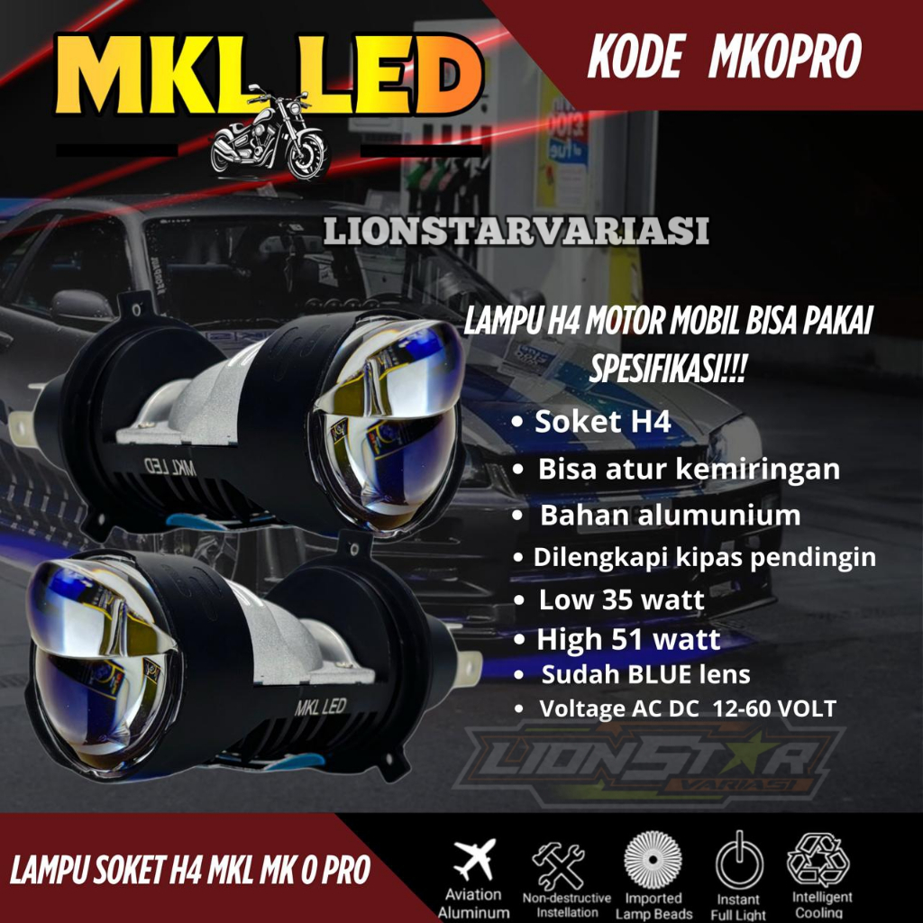 MK0 PRO - Lampu LED H4 Biled Projector Blue Lens Plus Devil Kipas Pendingin Universal Mobil Motor