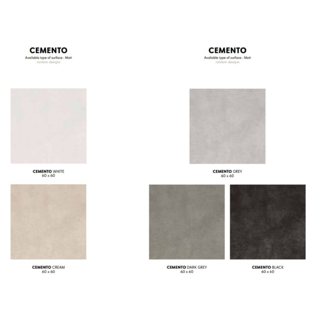 GRANIT MERK INFINITI TIPE CEMENTO WHITE, CREAM, GREY, DRAK GREY DAN BLACK UKURAN 60X60 PERMUKAAN TEK