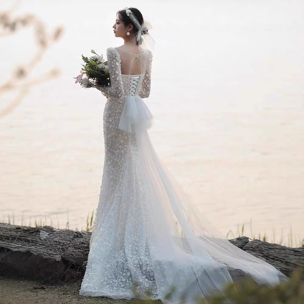 Wanita Putih duyunan Gaun pengantin Lengan Panjang Wedding Dress Gaun pesta