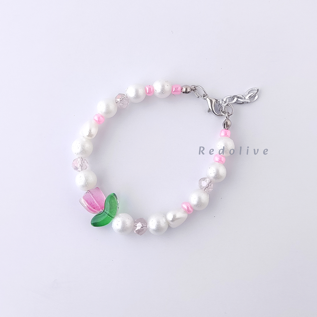 Gelang Bunga Tulip Kaca Variasi Mutiara Sintetis Gelang Kristal Warna Crystal Bracelet Chain