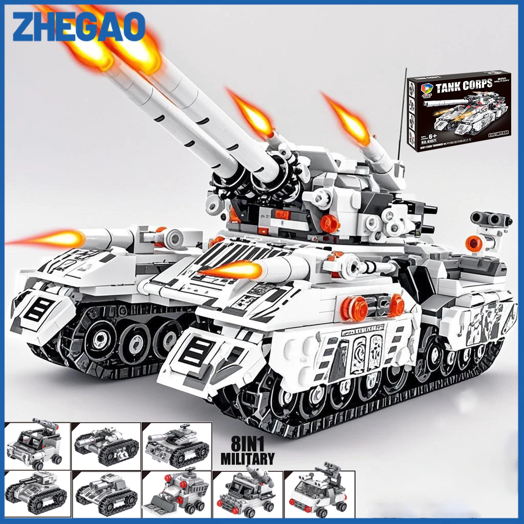 ZHEGAO 1032Pcs Brick Tank Tempur Militer Model Block Brick Partikel Besar Mainan Tank Anak Laki laki