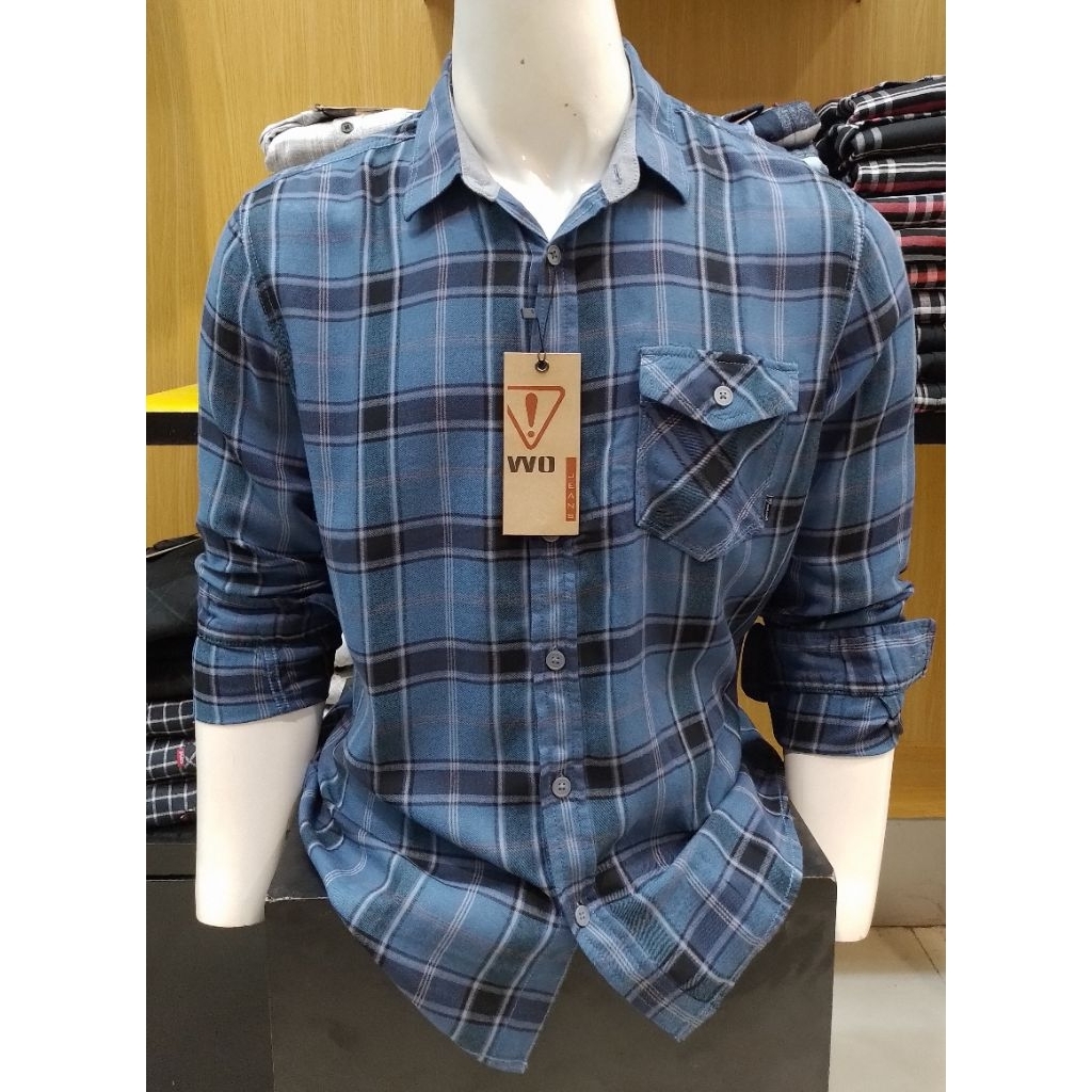 KEMEJA PRIA WATCHOUT JEANS ORIGINAL SLIM FIT WARNA MD BLUE KOTAK-KOTAK LENGAN PENDEK KUALITAS PREMIU