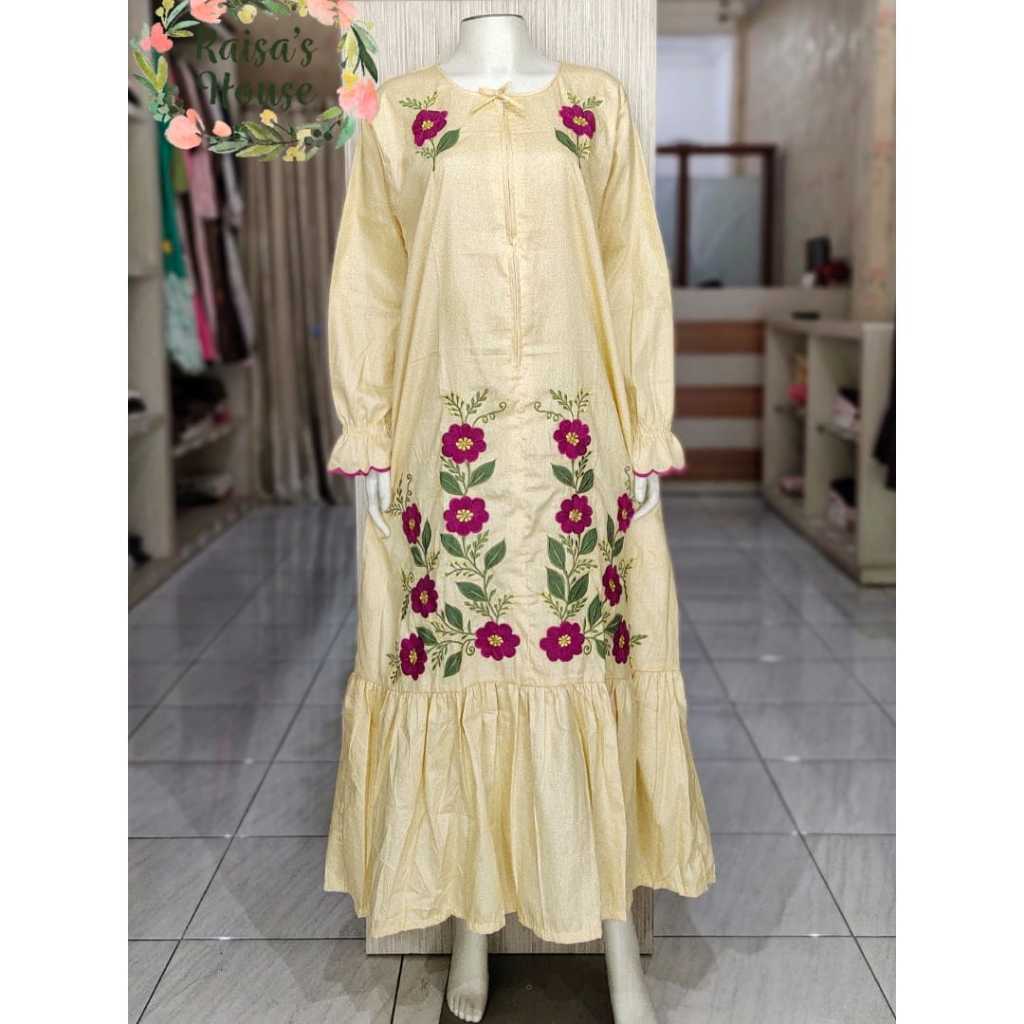 DASTER LONGDRESS BORDIR KHAS MALANG - LENGAN PANJANG - REMPEL BAWAH I BINTANG - KUNING