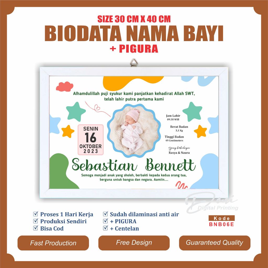 Biodata Kelahiran Bayi + Pigura Ukuran Jumbo 12 R 30 cm x 40 cm BNB06