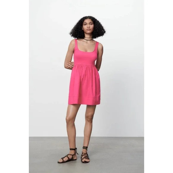 ZARA PINK RIBBED COMBINED POPLIN MINI DRESS
