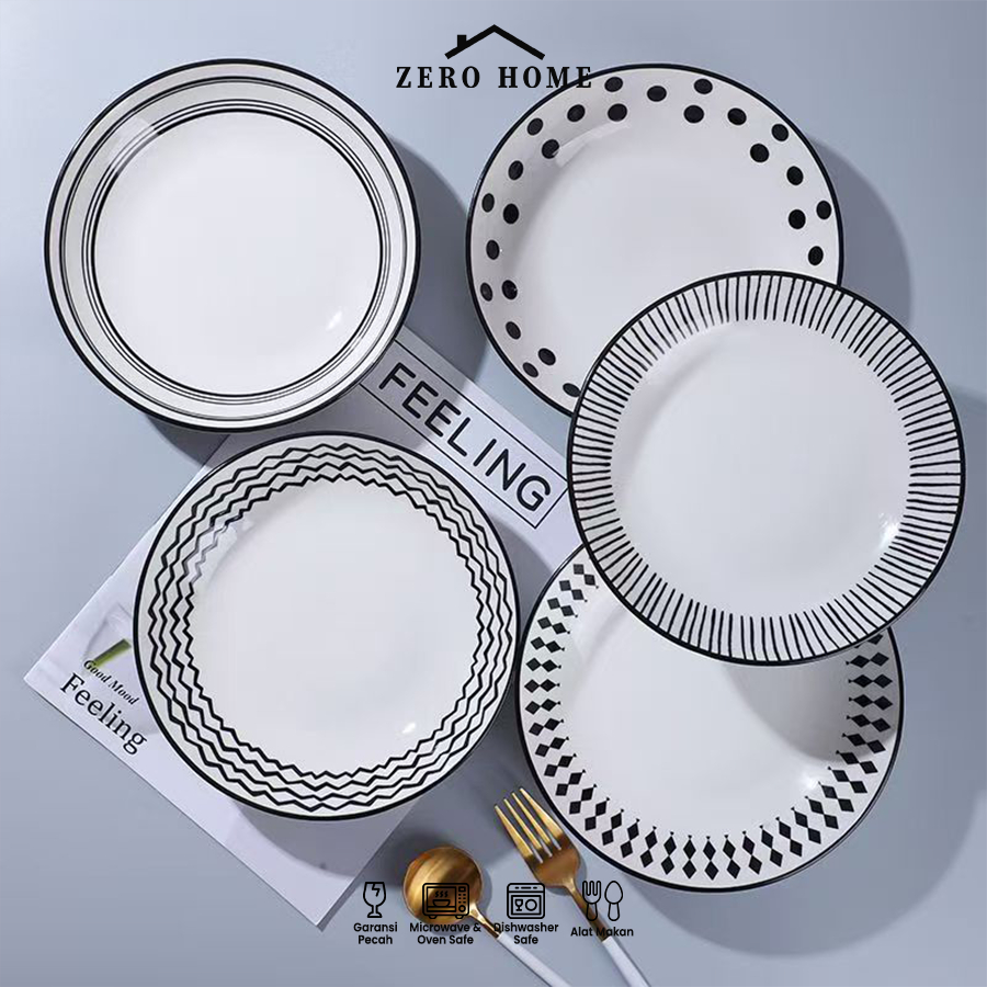 Piring Makan Keramik Putih Hitam Motif Garis & Polkadot