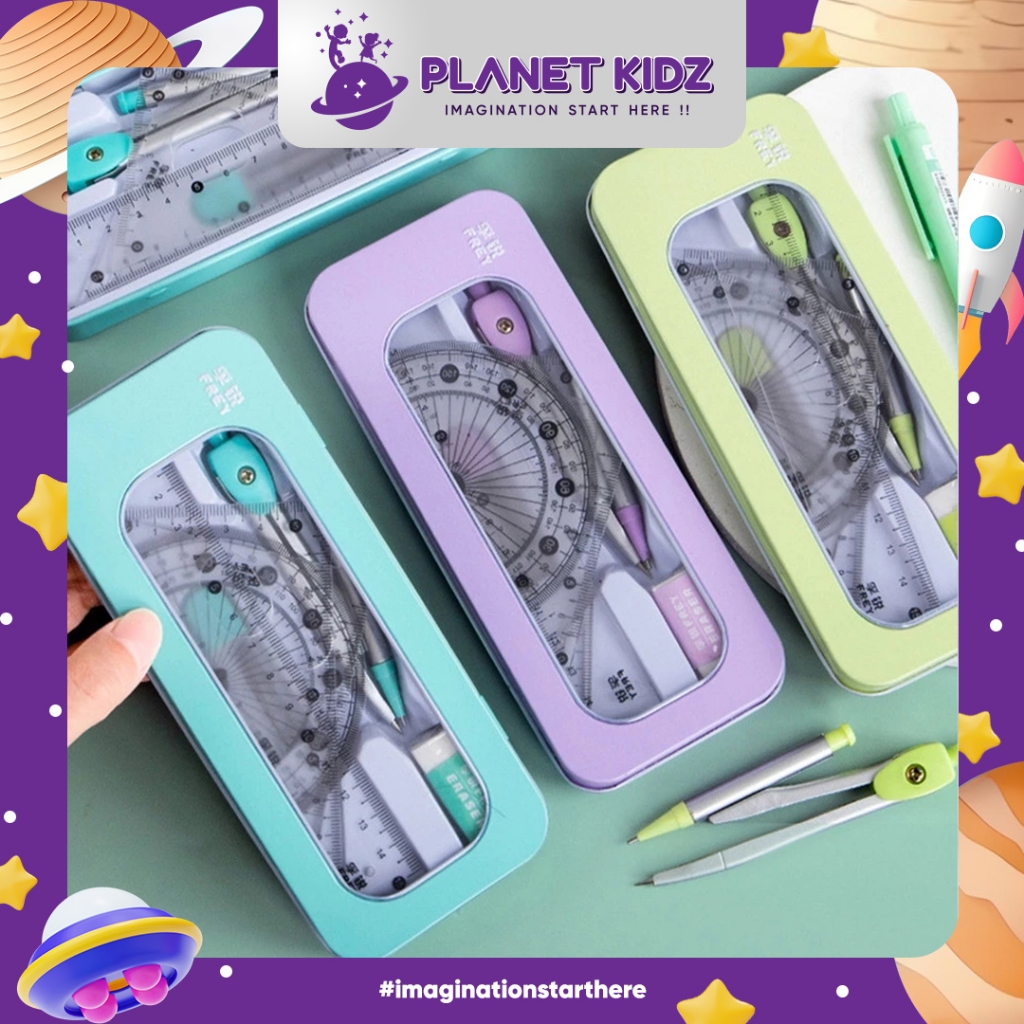 

PLANETKIDZ ATK51 7Pcs Jangka Penggaris Set Lengkap Jangka Matematika Sekolah Set Alat Tulis Kotak Pensil Logam