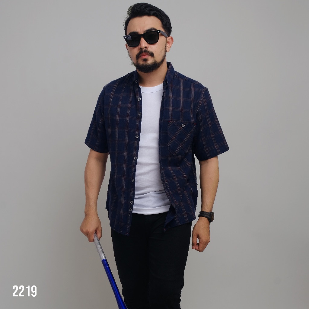 PAKAJI Kemeja Pria Flanel Pendek Premium Biru Dongker List Coklat Kecil 2219