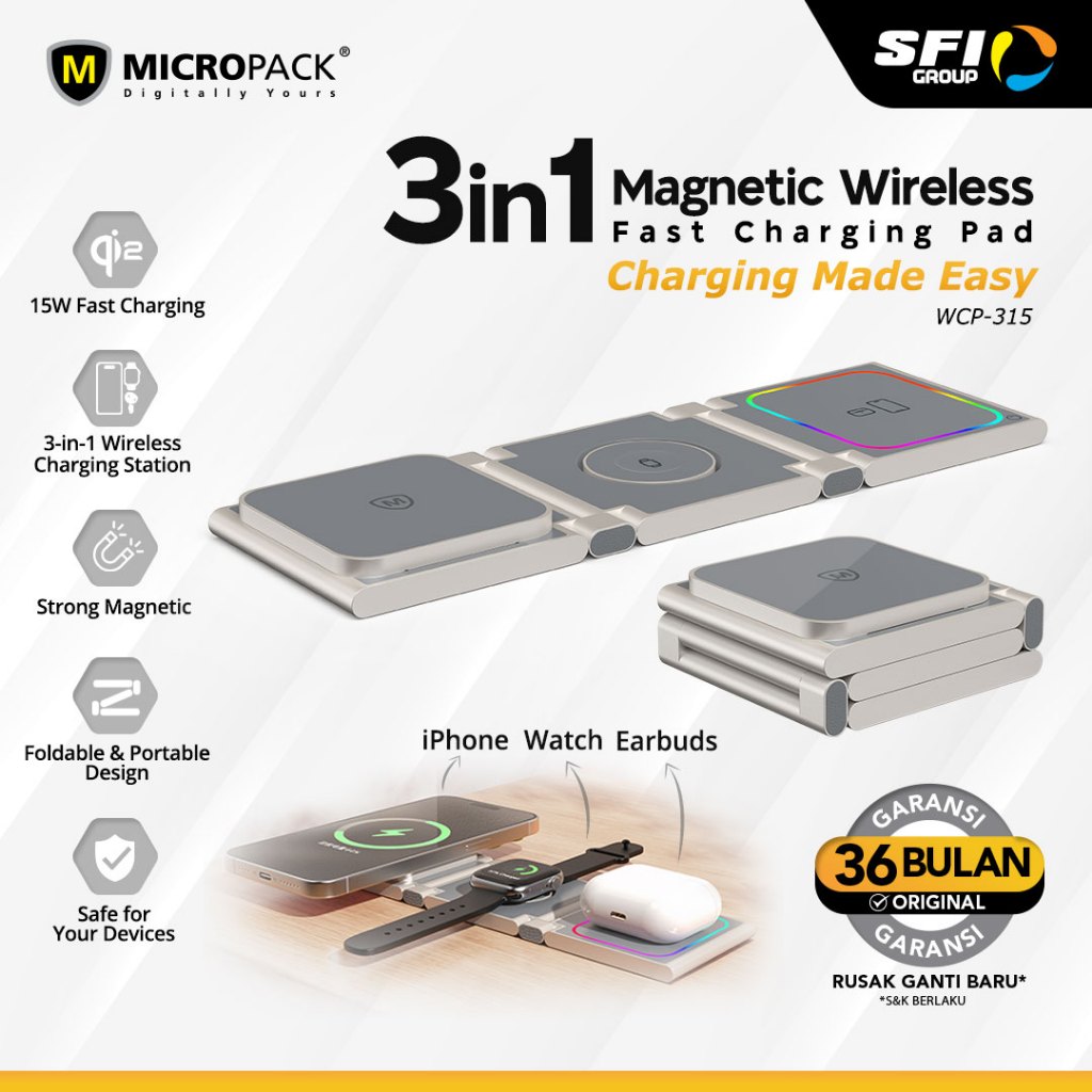 MICROPACK- MAGNETIC WIRELESS CHARGING STATION AIR WAVE PRO 3 IN 1 – WCP-315 – TITANIUM