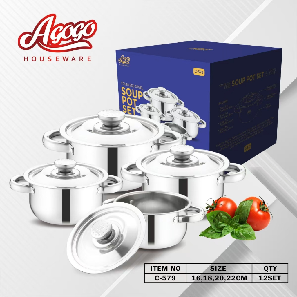 AGOGO - Soup Pot Set Stainless Tebal / Panci Masak / Panci Sup Stainless 1 set Agogo Calypso