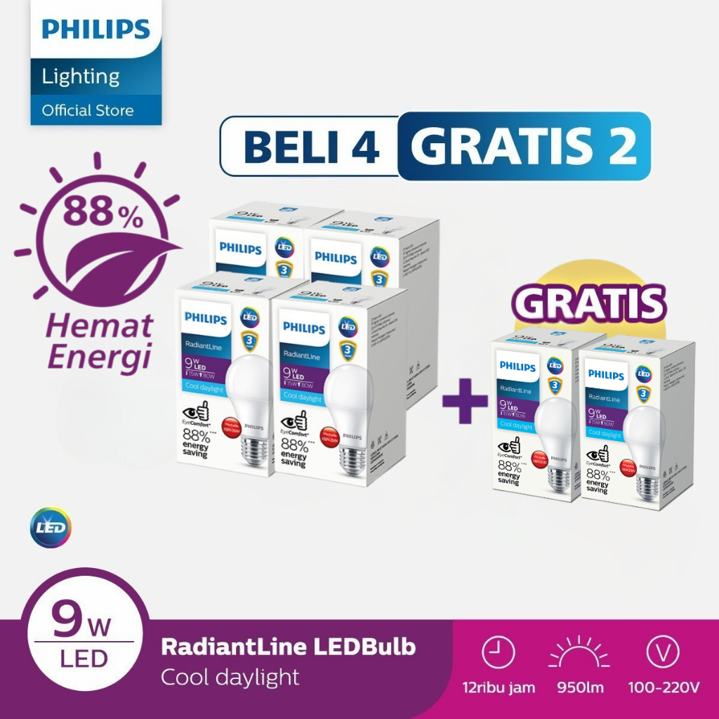 Philips Paket Beli 4 Gratis 2 Lampu Radiantline LED Bulb 9W 6500k Putih