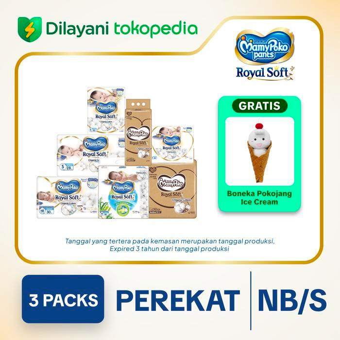 3 Ball MamyPoko Perekat Royal Soft Organic Popok Tape Size NB / S - Free Bantal Pokojang Ice Cream