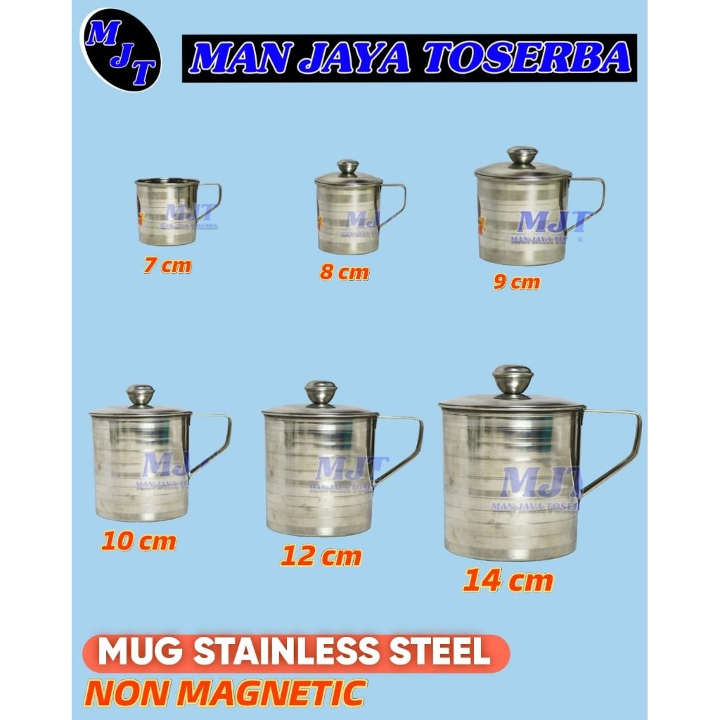 Mug gelas cangkir stainless steel + tutup 14cm Tebal 12cm tutup 10cm tutup 9cm tutup 8cm tutup 7cm t