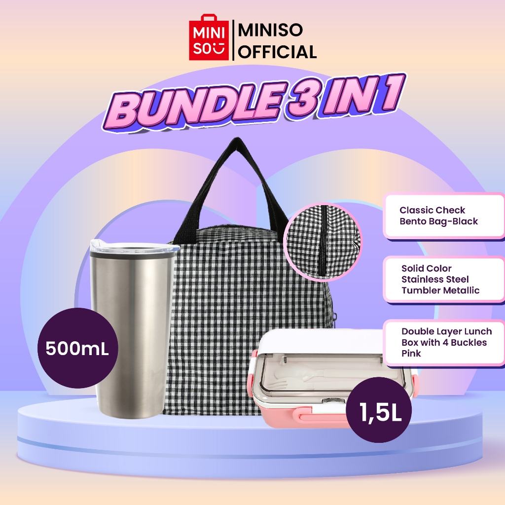 [SET BEKAL] MINISO Kotak Makan 1500mL + Tas Bekal Motif Kotak + Tumber Stainless Steel 500mL Bundle 
