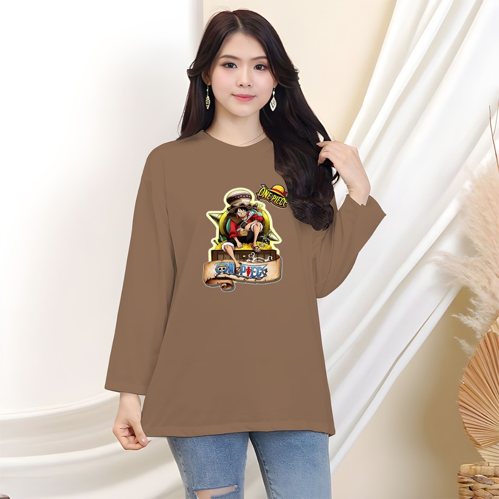 Kaos Wanita Lengan Panjang|Kaos Pria Distro Oversize|Kaos Unisex Anime One Piece Luffy harta karun