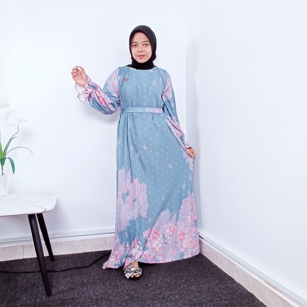 Baju Muslim Wanita Gamis Plisket Motif Bunga Model Lengan Balon
