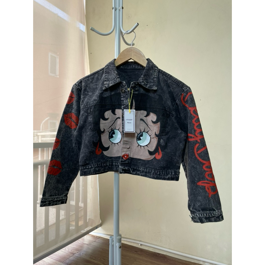 jaket jeans crop denim lukis painting art betty boop bahan soft jeans