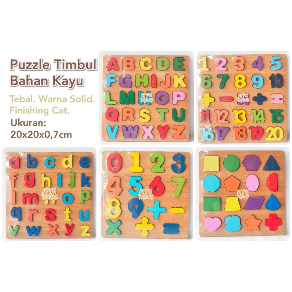 Puzzle Kayu Paud TK/RA Huruf/Alfabet Angka Bentuk Model Chunky Timbul Warna-Warni