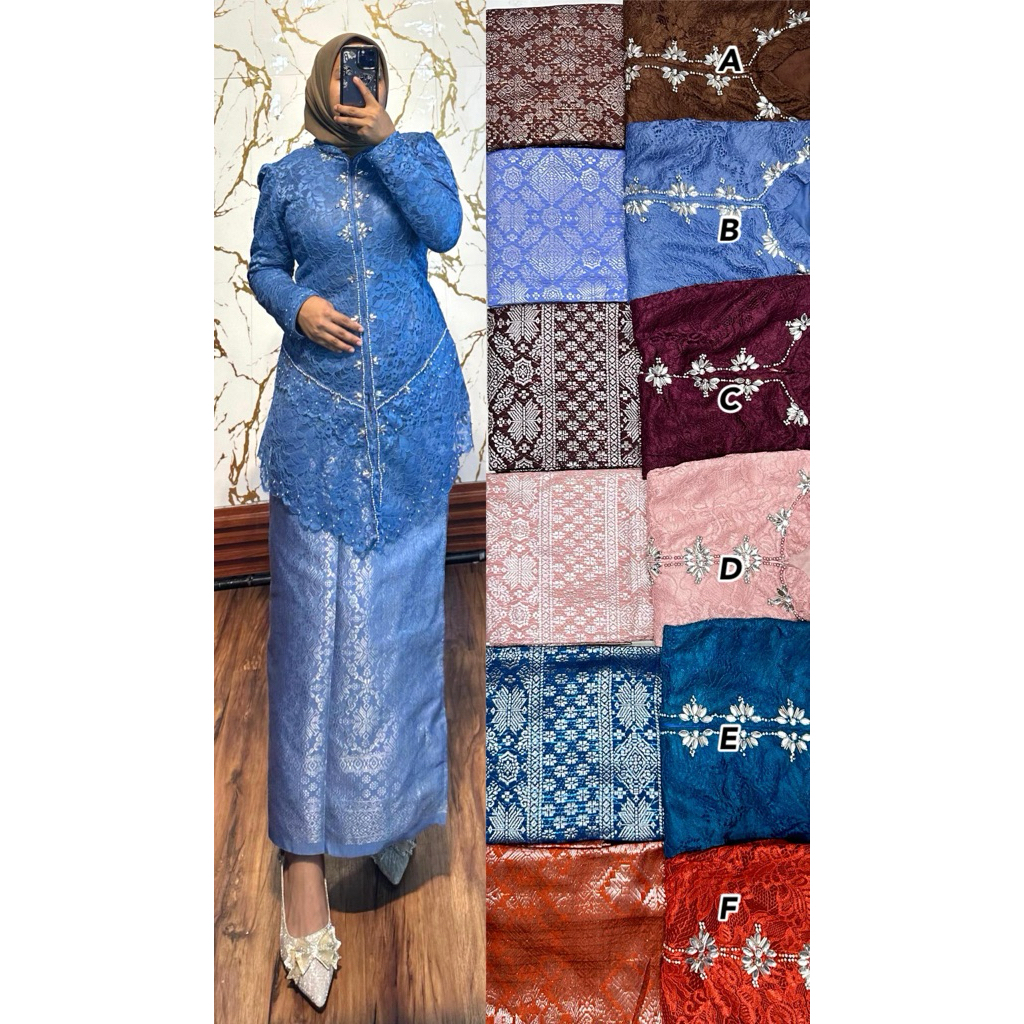 SETELAN KEBAYA SONGKET DEWASA BAHAN BROKAT MIX MUTIARA ( BUSUI )