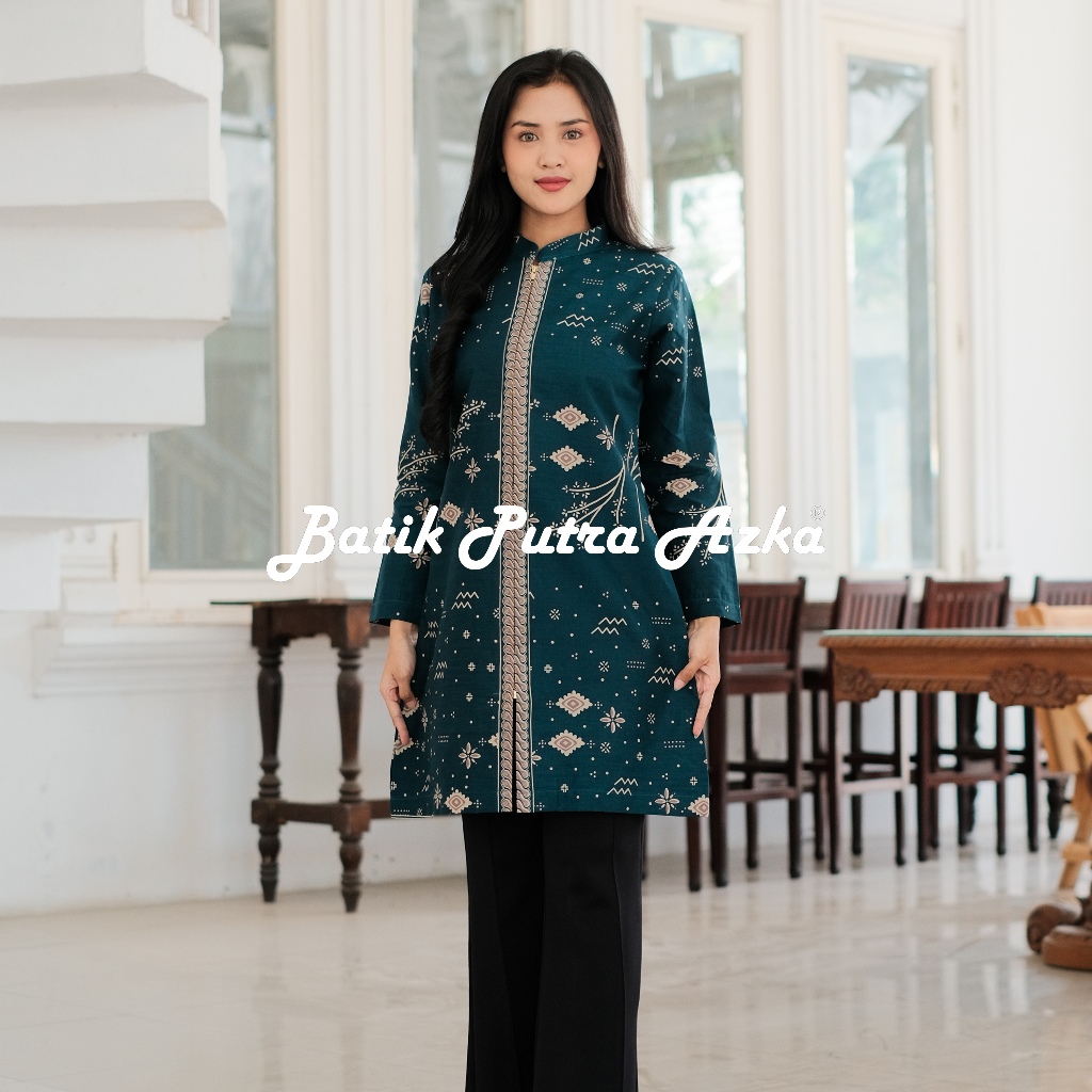Batik Azka Tunik Batik Premium Lengan Panjang Full Tricot Motif Amarta Warna Hijau Tosca