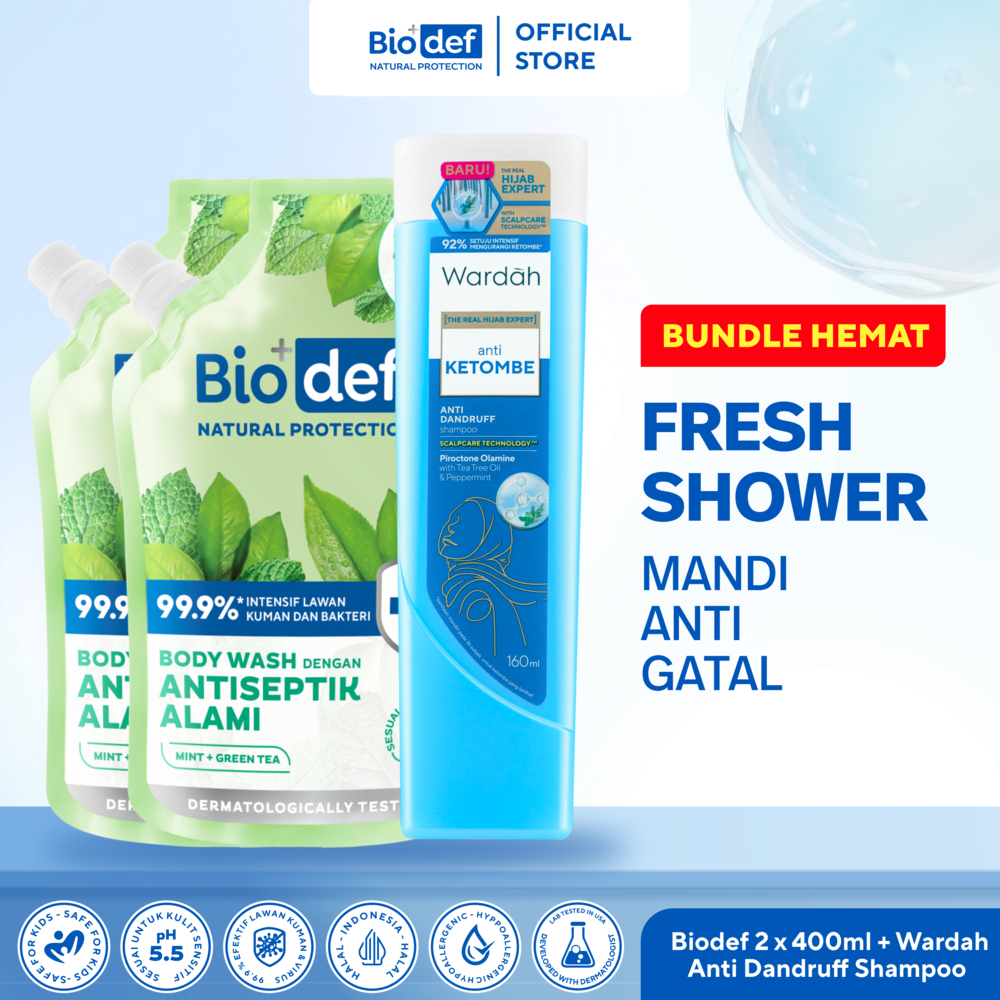 Biodef x Wardah - 2pcs Biodef Mint - Green Tea 400mL + Wardah Anti Dandruff Shampoo | Gentle Body Wa