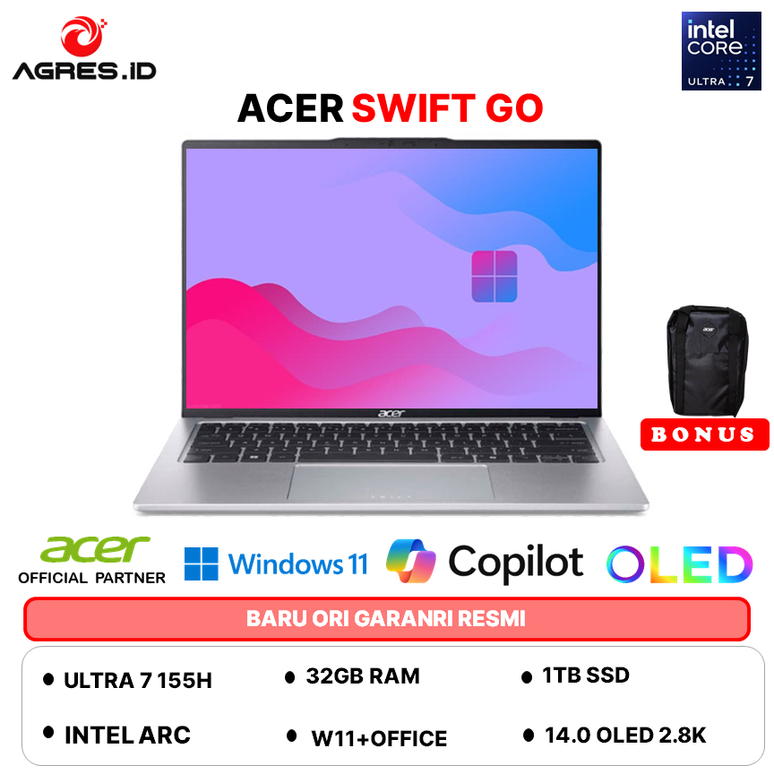 ACER SWIFT GO OLED SFG14 ULTRA 7 155H 32GB 1TB W11+OHS 14.0 2.8K 90HZ EVO 2Y+ADP -73.731A