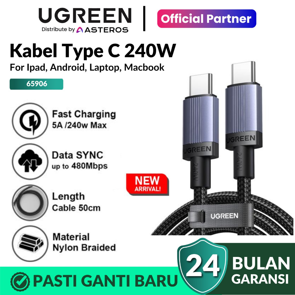 UGREEN 65906 Kabel Data Pendek Type C To Type C PD Super Fast Charging 2.0 5A 240W 50CM Cable Tipe C