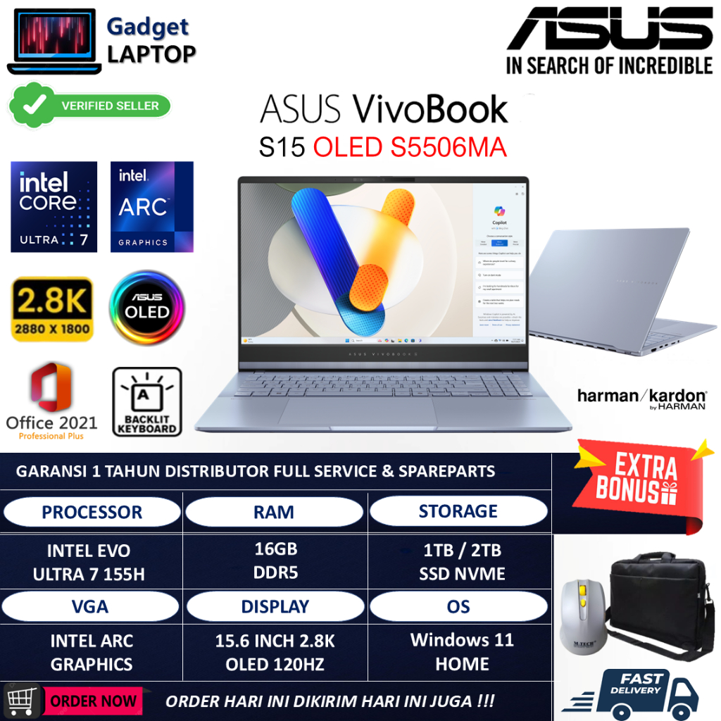 Laptop Asus Vivobook S15 OLED S5506MA Intel Evo Ultra 7 155H 16GB DDR5 2TB 2.8K Windows 11 Home